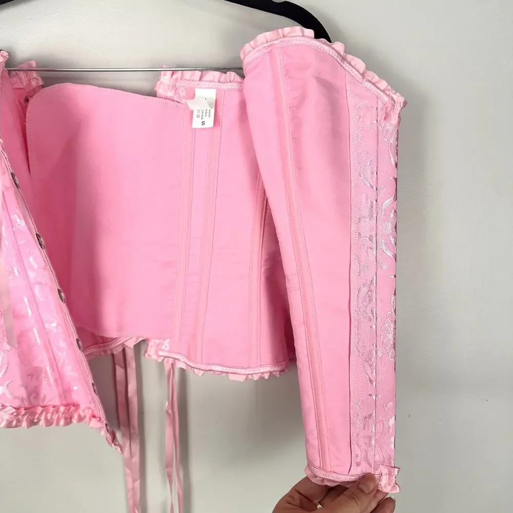 Pink Floral Jacquard Bustier Lace Up Corset Top Ruffle Hem Castle Fairy Small - Picture 13 of 14